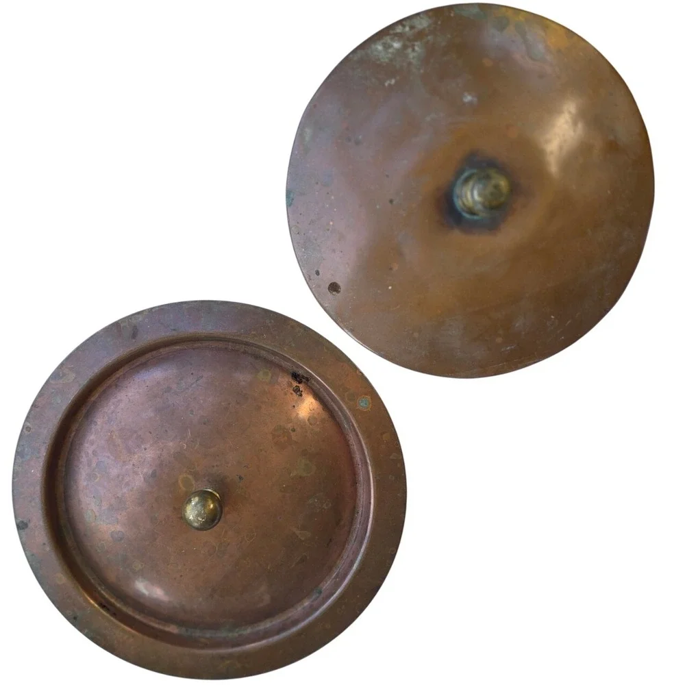 Vintage Villedieu France Copper Pot Lids Set of 2 Tin Lined Brass Knobs 6